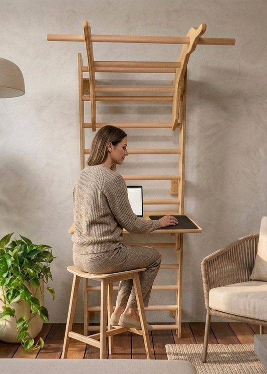 WALL GYM CUMBRE® - Estación de Movimiento para el Hogar + Escritorio Ajustable + Anillas Olímpicas | Pack Movimiento Completo