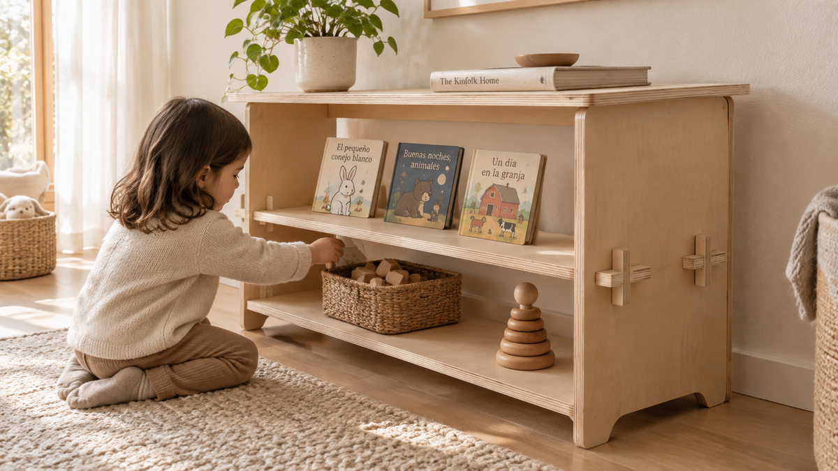 Estantería baja ALCANCE con libros y juguetes a la altura de un niño