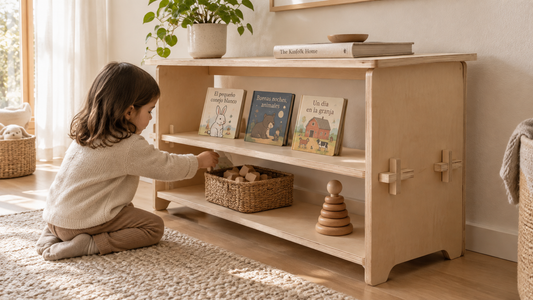 Estantería baja ALCANCE con libros y juguetes a la altura de un niño