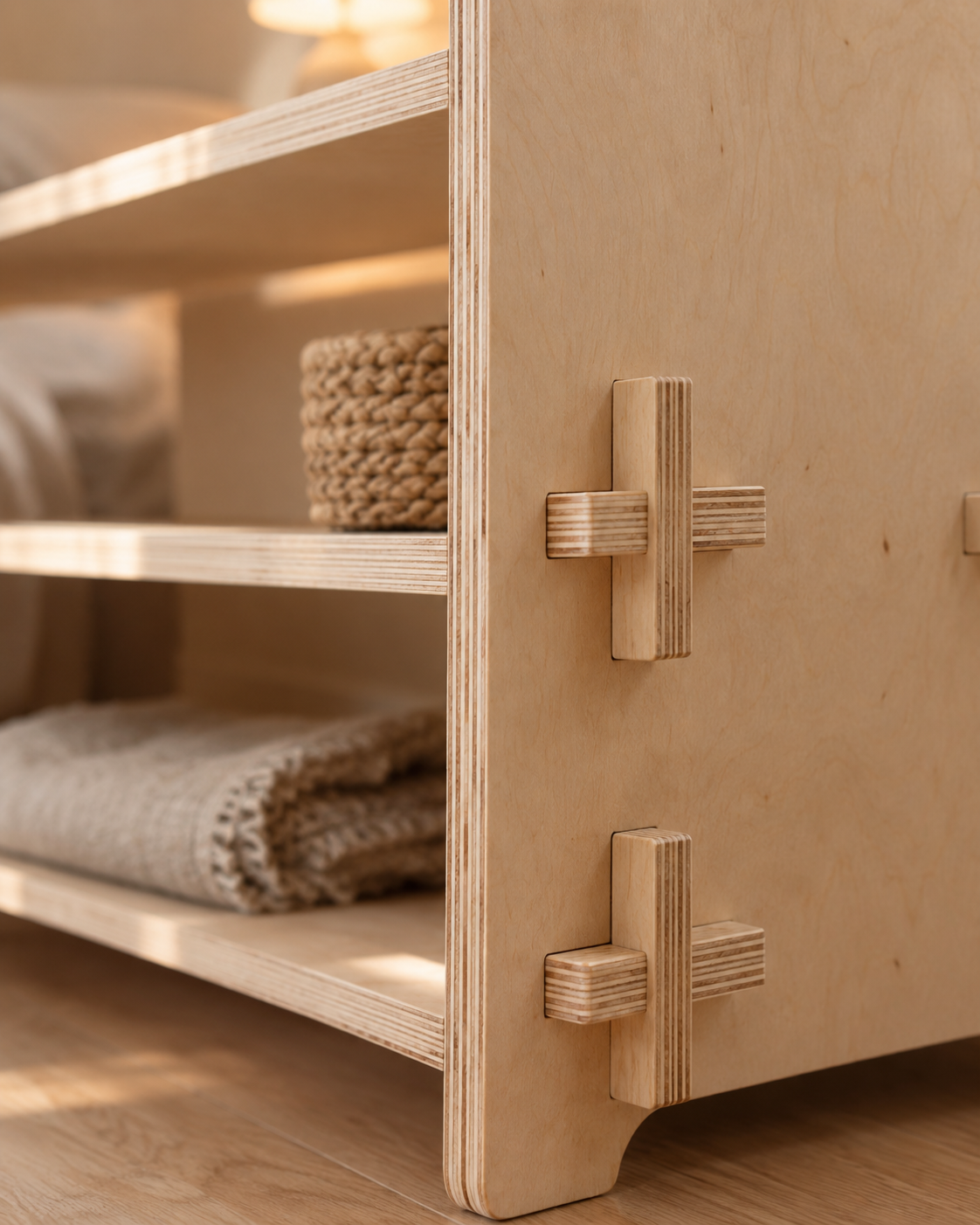 Detalle de las cuñas de plywood en el lateral del velador ALBA