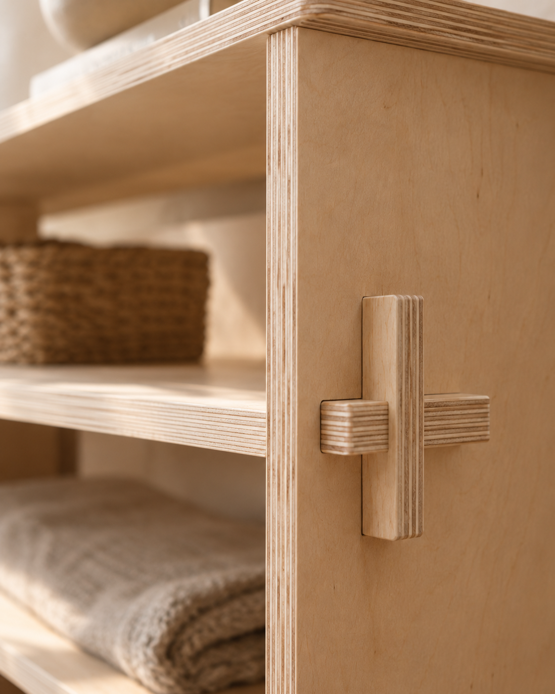 Detalle de la cuña de plywood que traba la repisa de la estantería ALCANCE