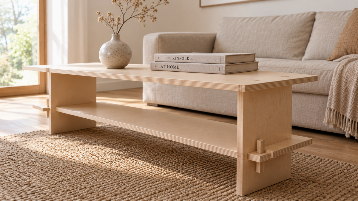 Mesa de centro LLANO de plywood de abedul en un living japandi
