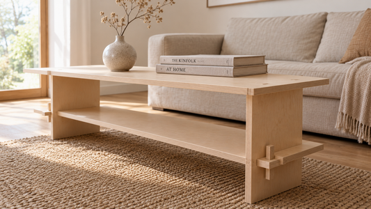 Mesa de centro LLANO de plywood de abedul en un living japandi