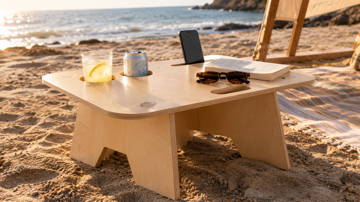 Mesa de playa MAREA de abedul sobre la arena al atardecer con bebidas y celular