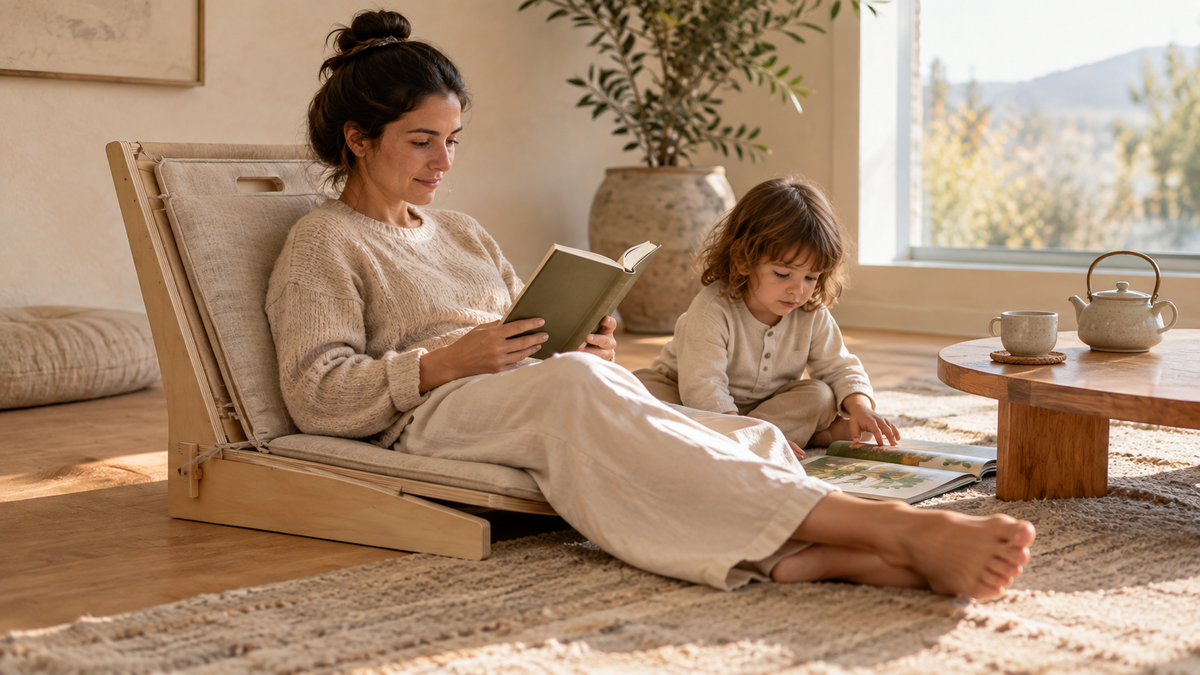 Silla de piso PAUSA de abedul y lino: adulto leyendo junto a un niño