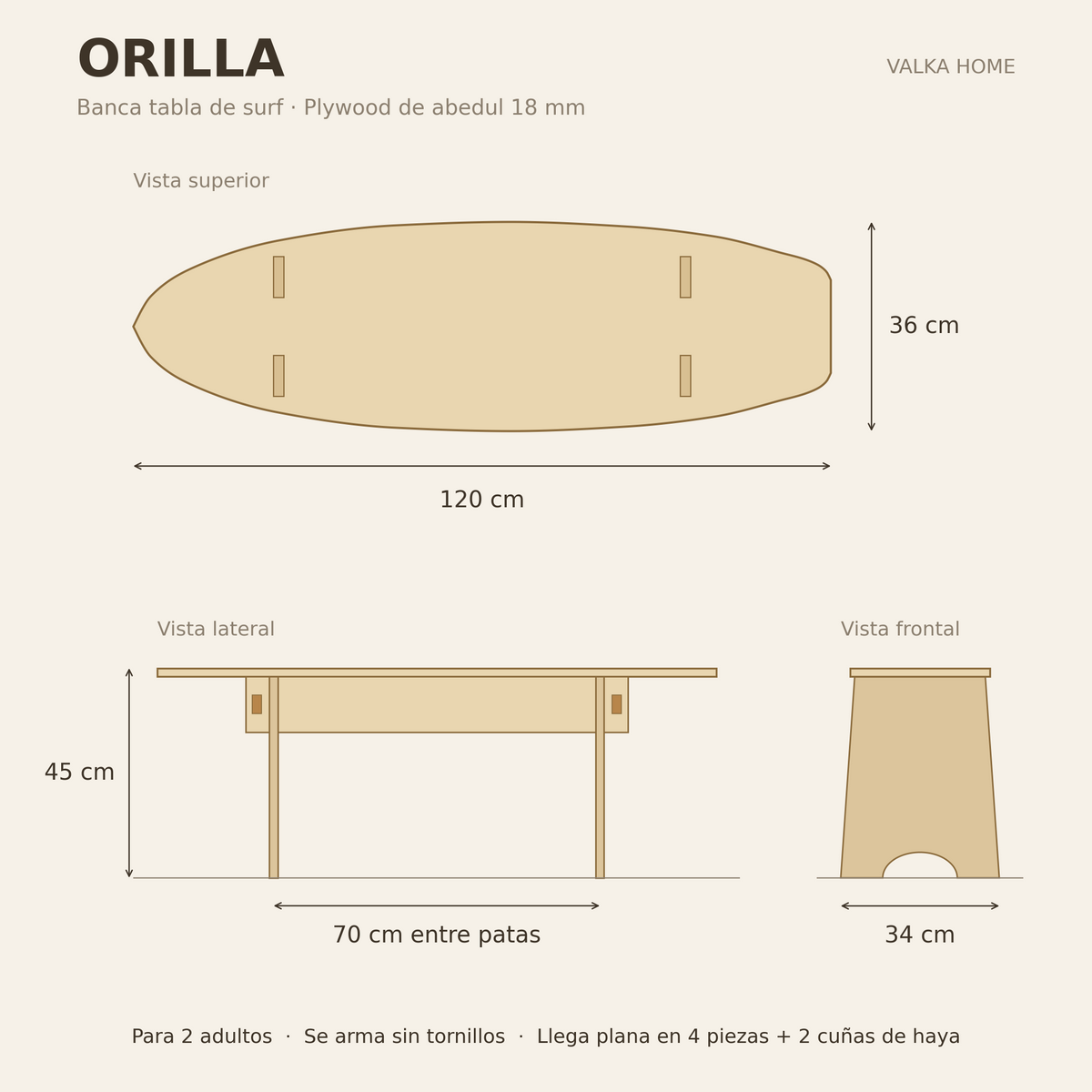 Medidas de la banca ORILLA: 120 × 36 cm, 45 cm de alto