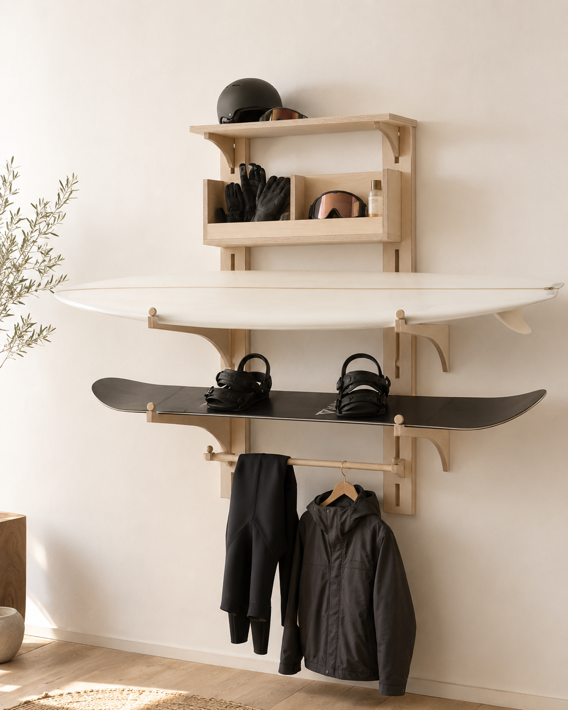 Rack REFUGIO de abedul en el muro con tabla de surf y snowboard horizontales, casco, cubículos y ropa colgada