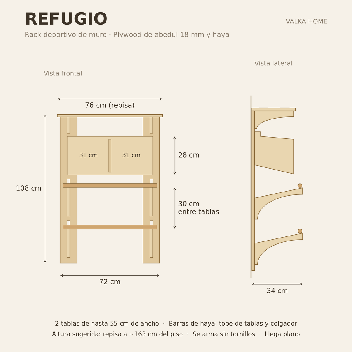 Medidas del rack REFUGIO: 72 cm de ancho, 108 cm de alto, 34 cm de fondo