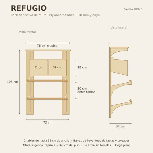 Medidas del rack REFUGIO: 72 cm de ancho, 108 cm de alto, 34 cm de fondo